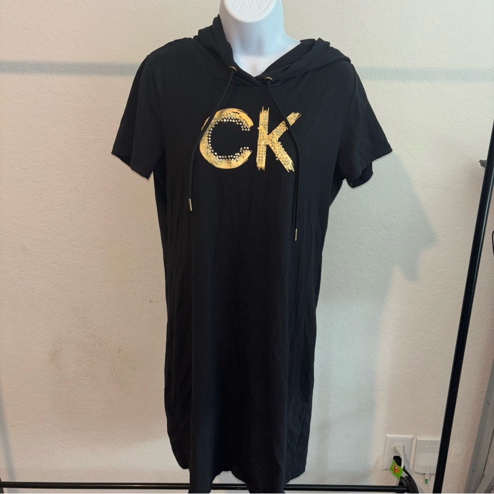 Calvin Klein Black Hooded Dress with Gold Logo